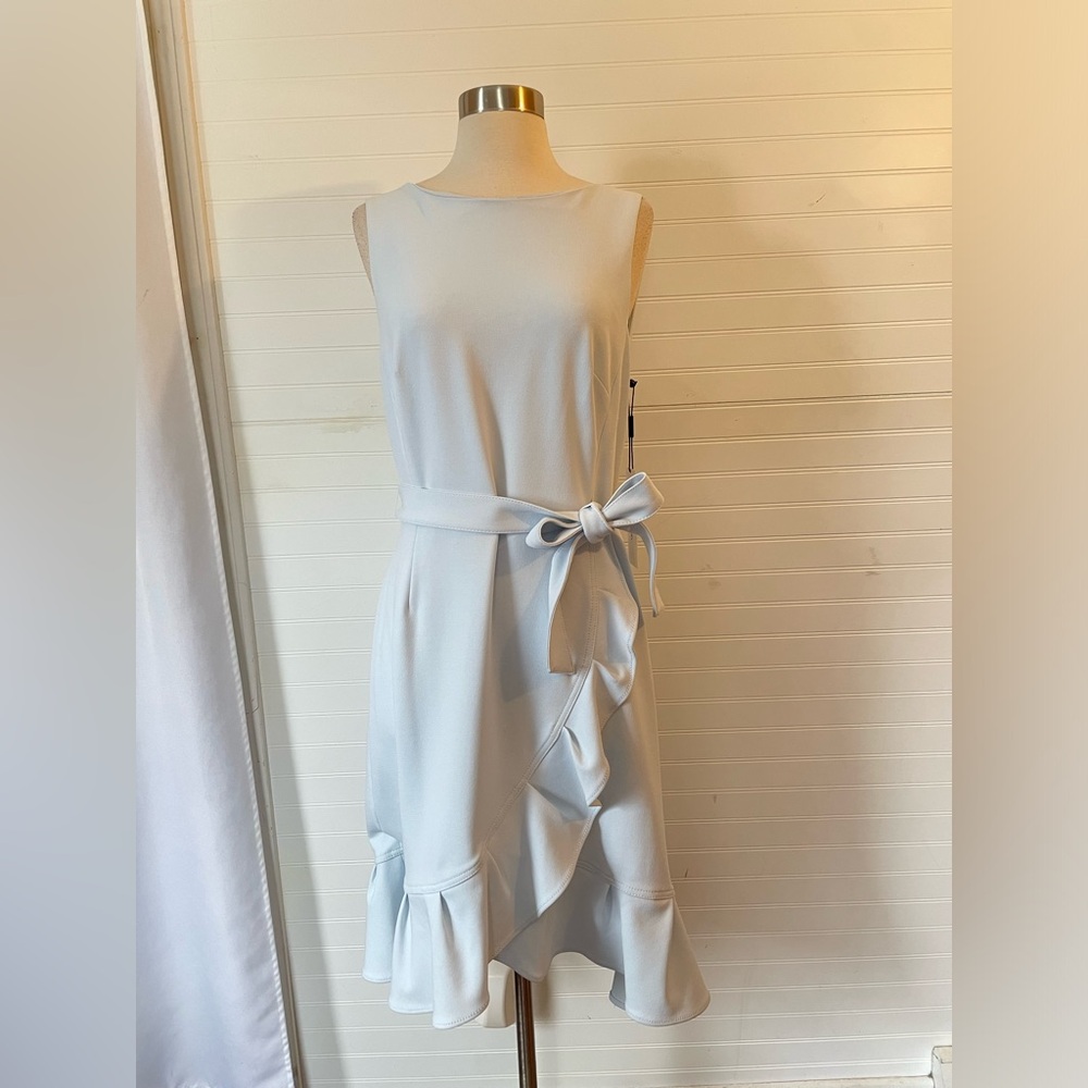 Calvin Klein Light Blue Crepe Ruffle Tulip Hem Faux Wrap Dress NWT Size 10 - Picture 3 of 13